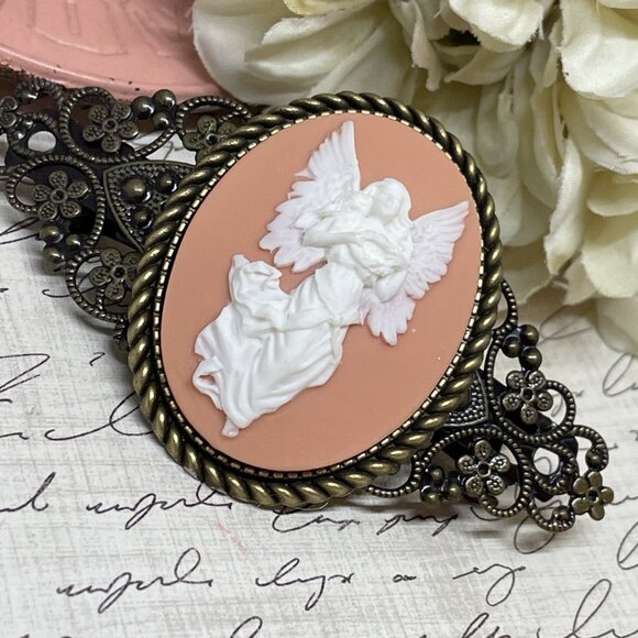 Peach White Angel Christmas Gift Mom Wife Bride Cameo Pin Hair Clip Jewelry Comb - Picture 6 of 12